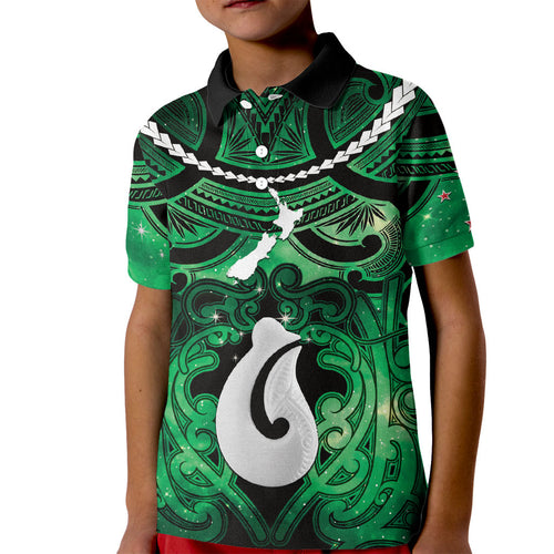 Personalised Maori Matariki Hei Matau Kakariki Kid Polo Shirt Maori Kowhaiwhai Pattern Galaxy