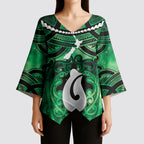 Personalised Maori Matariki Hei Matau Kakariki Kimono Sleeve Blouse Maori Kowhaiwhai Pattern Galaxy