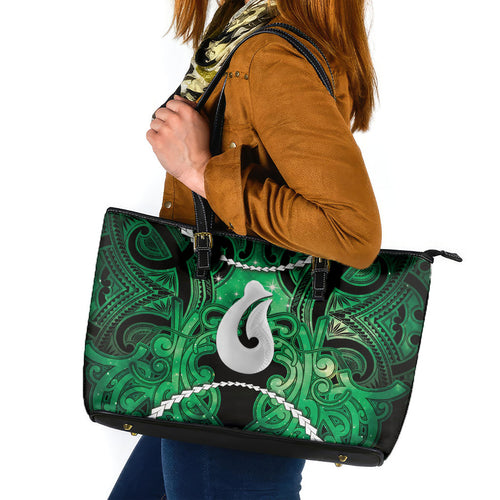 Maori Matariki Hei Matau Kakariki Leather Tote Bag Maori Kowhaiwhai Pattern Galaxy