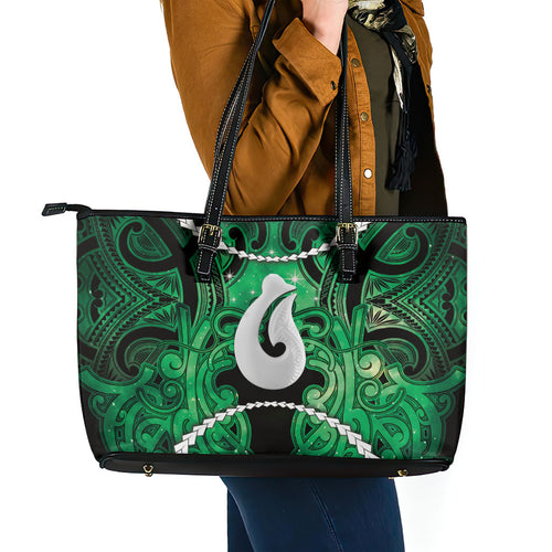 Maori Matariki Hei Matau Kakariki Leather Tote Bag Maori Kowhaiwhai Pattern Galaxy