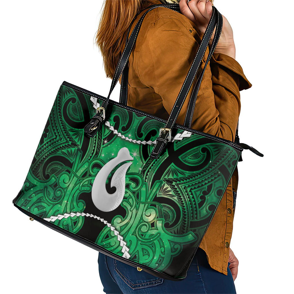Maori Matariki Hei Matau Kakariki Leather Tote Bag Maori Kowhaiwhai Pattern Galaxy
