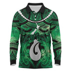 Personalised Maori Matariki Hei Matau Kakariki Long Sleeve Polo Shirt Maori Kowhaiwhai Pattern Galaxy