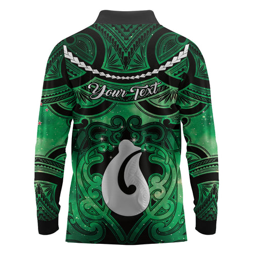 Personalised Maori Matariki Hei Matau Kakariki Long Sleeve Polo Shirt Maori Kowhaiwhai Pattern Galaxy