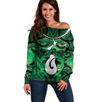Personalised Maori Matariki Hei Matau Kakariki Off Shoulder Sweater Maori Kowhaiwhai Pattern Galaxy