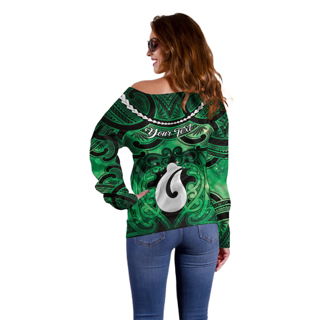 Personalised Maori Matariki Hei Matau Kakariki Off Shoulder Sweater Maori Kowhaiwhai Pattern Galaxy