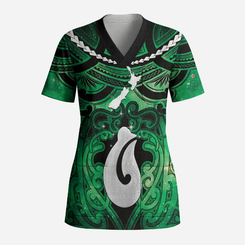 Personalised Maori Matariki Hei Matau Kakariki Scrub Top Maori Kowhaiwhai Pattern Galaxy
