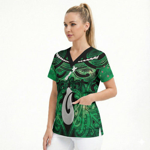 Personalised Maori Matariki Hei Matau Kakariki Scrub Top Maori Kowhaiwhai Pattern Galaxy