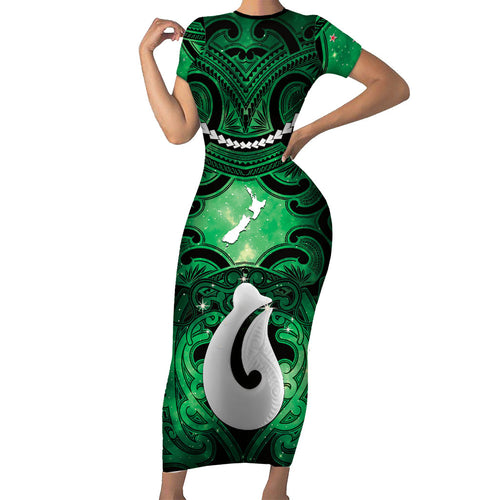 Personalised Maori Matariki Hei Matau Kakariki Short Sleeve Bodycon Dress Maori Kowhaiwhai Pattern Galaxy