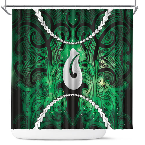 Maori Matariki Hei Matau Kakariki Shower Curtain Maori Kowhaiwhai Pattern Galaxy