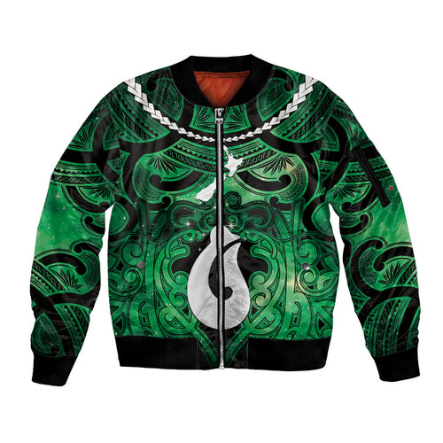 Personalised Maori Matariki Hei Matau Kakariki Sleeve Zip Bomber Jacket Maori Kowhaiwhai Pattern Galaxy