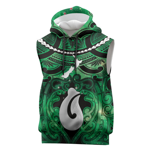 Personalised Maori Matariki Hei Matau Kakariki Sleeveless Hoodie Maori Kowhaiwhai Pattern Galaxy