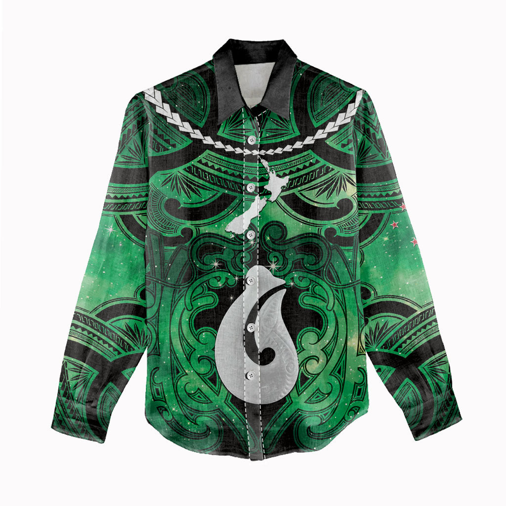 Personalised Maori Matariki Hei Matau Kakariki Women Casual Shirt Maori Kowhaiwhai Pattern Galaxy