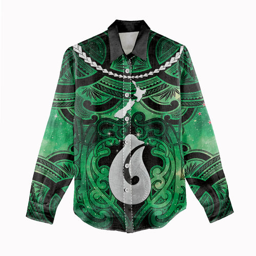 Personalised Maori Matariki Hei Matau Kakariki Women Casual Shirt Maori Kowhaiwhai Pattern Galaxy