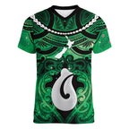Personalised Maori Matariki Hei Matau Kakariki Women V-Neck T-Shirt Maori Kowhaiwhai Pattern Galaxy