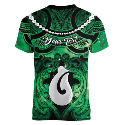 Personalised Maori Matariki Hei Matau Kakariki Women V-Neck T-Shirt Maori Kowhaiwhai Pattern Galaxy