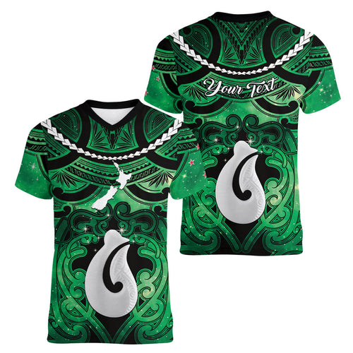 Personalised Maori Matariki Hei Matau Kakariki Women V-Neck T-Shirt Maori Kowhaiwhai Pattern Galaxy