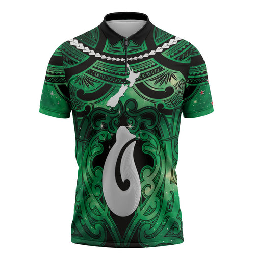 Personalised Maori Matariki Hei Matau Kakariki Zipper Polo Shirt Maori Kowhaiwhai Pattern Galaxy