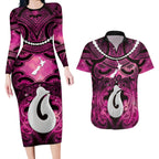Personalised Maori Matariki Hei Matau Mawhero Couples Matching Long Sleeve Bodycon Dress and Hawaiian Shirt Maori Kowhaiwhai Pattern Galaxy