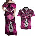 Personalised Maori Matariki Hei Matau Mawhero Couples Matching Off Shoulder Maxi Dress and Hawaiian Shirt Maori Kowhaiwhai Pattern Galaxy