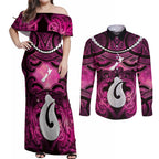 Personalised Maori Matariki Hei Matau Mawhero Couples Matching Off Shoulder Maxi Dress and Long Sleeve Button Shirt Maori Kowhaiwhai Pattern Galaxy