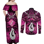 Personalised Maori Matariki Hei Matau Mawhero Couples Matching Off Shoulder Maxi Dress and Long Sleeve Button Shirt Maori Kowhaiwhai Pattern Galaxy