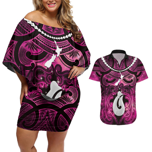 Personalised Maori Matariki Hei Matau Mawhero Couples Matching Off Shoulder Short Dress and Hawaiian Shirt Maori Kowhaiwhai Pattern Galaxy