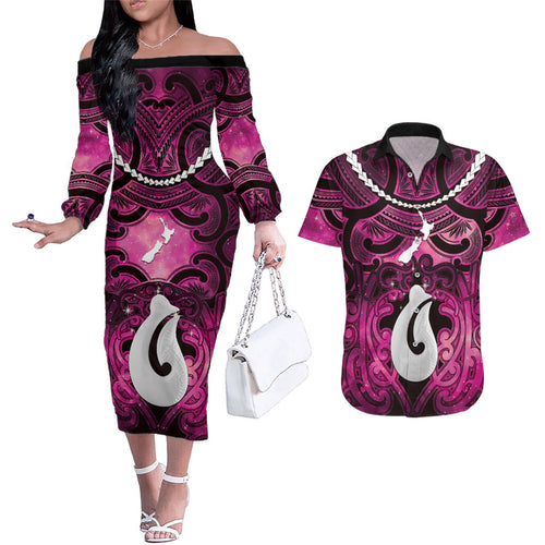 Personalised Maori Matariki Hei Matau Mawhero Couples Matching Off The Shoulder Long Sleeve Dress and Hawaiian Shirt Maori Kowhaiwhai Pattern Galaxy