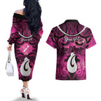 Personalised Maori Matariki Hei Matau Mawhero Couples Matching Off The Shoulder Long Sleeve Dress and Hawaiian Shirt Maori Kowhaiwhai Pattern Galaxy