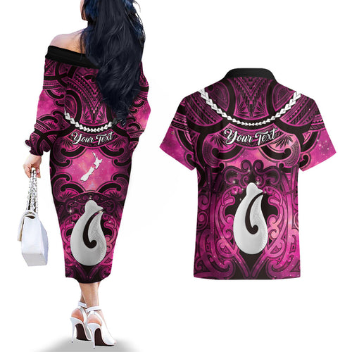 Personalised Maori Matariki Hei Matau Mawhero Couples Matching Off The Shoulder Long Sleeve Dress and Hawaiian Shirt Maori Kowhaiwhai Pattern Galaxy