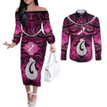 Personalised Maori Matariki Hei Matau Mawhero Couples Matching Off The Shoulder Long Sleeve Dress and Long Sleeve Button Shirt Maori Kowhaiwhai Pattern Galaxy