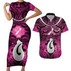 Personalised Maori Matariki Hei Matau Mawhero Couples Matching Short Sleeve Bodycon Dress and Hawaiian Shirt Maori Kowhaiwhai Pattern Galaxy