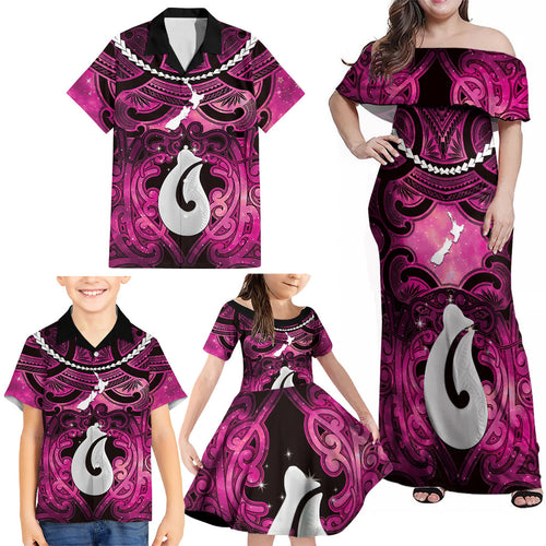 Personalised Maori Matariki Hei Matau Mawhero Family Matching Off Shoulder Maxi Dress and Hawaiian Shirt Maori Kowhaiwhai Pattern Galaxy
