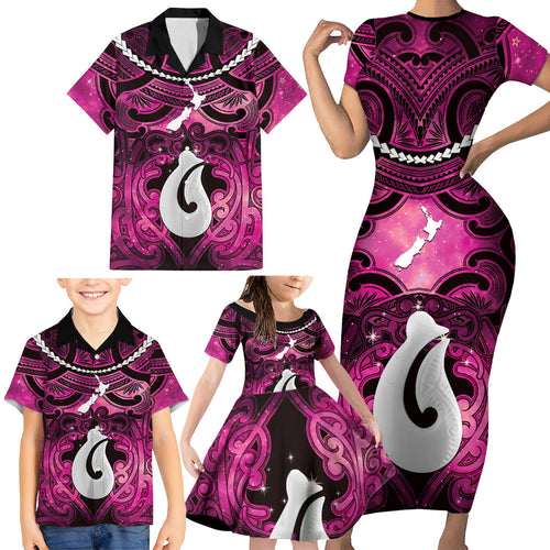 Personalised Maori Matariki Hei Matau Mawhero Family Matching Short Sleeve Bodycon Dress and Hawaiian Shirt Maori Kowhaiwhai Pattern Galaxy