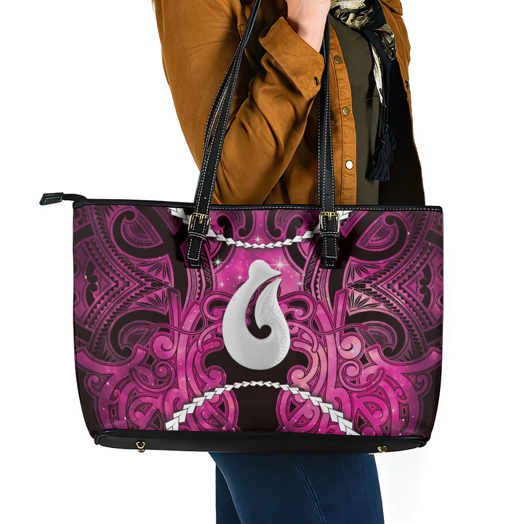 Maori Matariki Hei Matau Mawhero Leather Tote Bag Maori Kowhaiwhai Pattern Galaxy