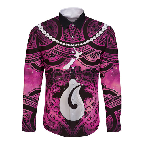 Personalised Maori Matariki Hei Matau Mawhero Long Sleeve Button Shirt Maori Kowhaiwhai Pattern Galaxy