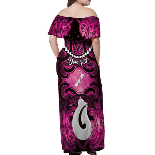Personalised Maori Matariki Hei Matau Mawhero Off Shoulder Maxi Dress Maori Kowhaiwhai Pattern Galaxy