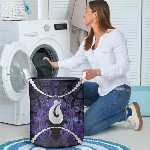 Maori Matariki Hei Matau Waiporoporo Laundry Basket Maori Kowhaiwhai Pattern Galaxy