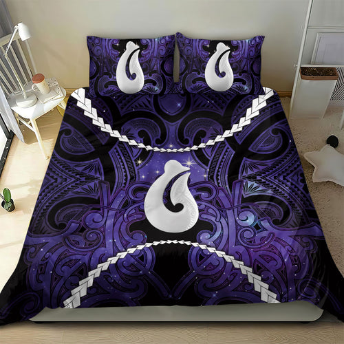 Maori Matariki Hei Matau Waiporoporo Bedding Set Maori Kowhaiwhai Pattern Galaxy