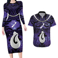 Personalised Maori Matariki Hei Matau Waiporoporo Couples Matching Long Sleeve Bodycon Dress and Hawaiian Shirt Maori Kowhaiwhai Pattern Galaxy