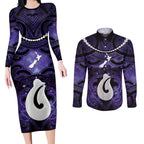 Personalised Maori Matariki Hei Matau Waiporoporo Couples Matching Long Sleeve Bodycon Dress and Long Sleeve Button Shirt Maori Kowhaiwhai Pattern Galaxy
