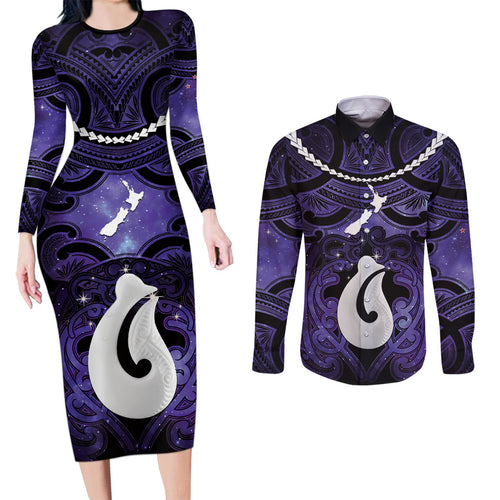 Personalised Maori Matariki Hei Matau Waiporoporo Couples Matching Long Sleeve Bodycon Dress and Long Sleeve Button Shirt Maori Kowhaiwhai Pattern Galaxy