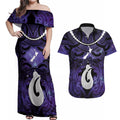 Personalised Maori Matariki Hei Matau Waiporoporo Couples Matching Off Shoulder Maxi Dress and Hawaiian Shirt Maori Kowhaiwhai Pattern Galaxy