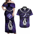 Personalised Maori Matariki Hei Matau Waiporoporo Couples Matching Off Shoulder Maxi Dress and Hawaiian Shirt Maori Kowhaiwhai Pattern Galaxy