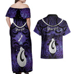 Personalised Maori Matariki Hei Matau Waiporoporo Couples Matching Off Shoulder Maxi Dress and Hawaiian Shirt Maori Kowhaiwhai Pattern Galaxy