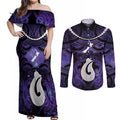 Personalised Maori Matariki Hei Matau Waiporoporo Couples Matching Off Shoulder Maxi Dress and Long Sleeve Button Shirt Maori Kowhaiwhai Pattern Galaxy