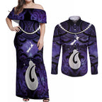 Personalised Maori Matariki Hei Matau Waiporoporo Couples Matching Off Shoulder Maxi Dress and Long Sleeve Button Shirt Maori Kowhaiwhai Pattern Galaxy