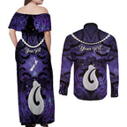 Personalised Maori Matariki Hei Matau Waiporoporo Couples Matching Off Shoulder Maxi Dress and Long Sleeve Button Shirt Maori Kowhaiwhai Pattern Galaxy