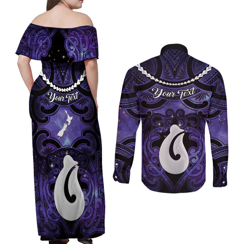 Personalised Maori Matariki Hei Matau Waiporoporo Couples Matching Off Shoulder Maxi Dress and Long Sleeve Button Shirt Maori Kowhaiwhai Pattern Galaxy