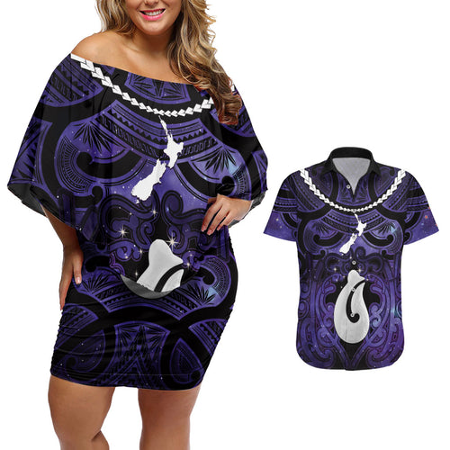 Personalised Maori Matariki Hei Matau Waiporoporo Couples Matching Off Shoulder Short Dress and Hawaiian Shirt Maori Kowhaiwhai Pattern Galaxy