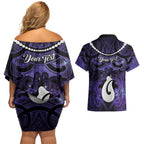 Personalised Maori Matariki Hei Matau Waiporoporo Couples Matching Off Shoulder Short Dress and Hawaiian Shirt Maori Kowhaiwhai Pattern Galaxy